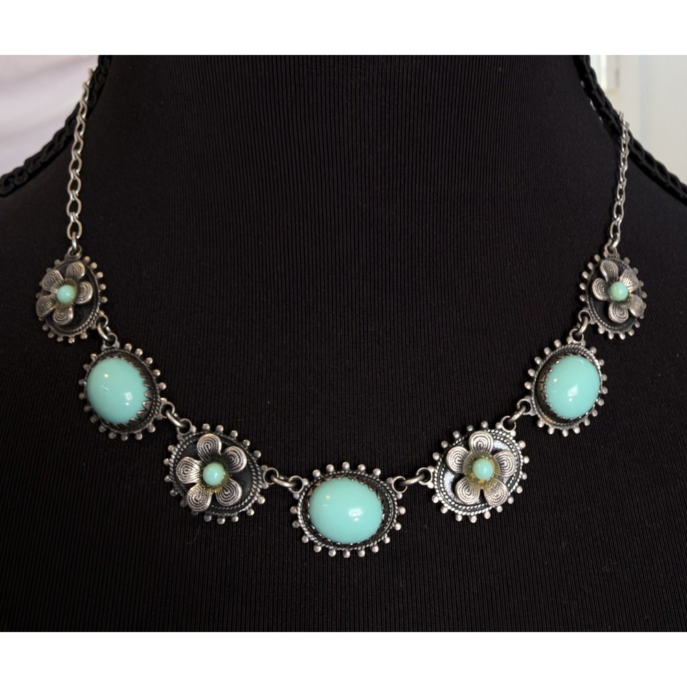 Vintage Silver Toned & Faux Turquoise Necklace Art Deco Style